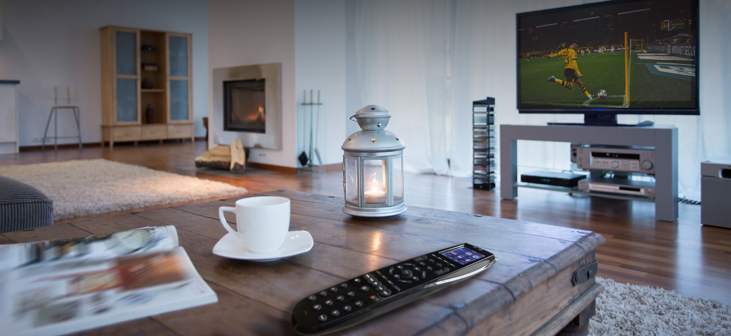 Living room scene with remote on edge of coffee table